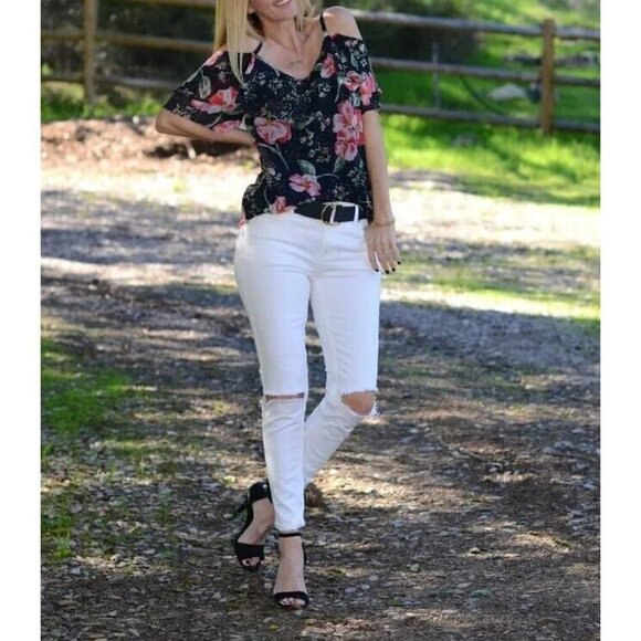 Cabi Sz S Ruffled Cold Shoulder Floral Print Top Romantic Blouse - Picture 10 of 16